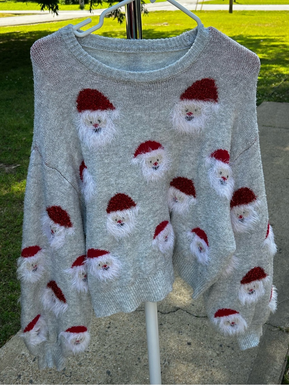 Light Gray Santa Pattern Crewneck Sweater with Red Accents